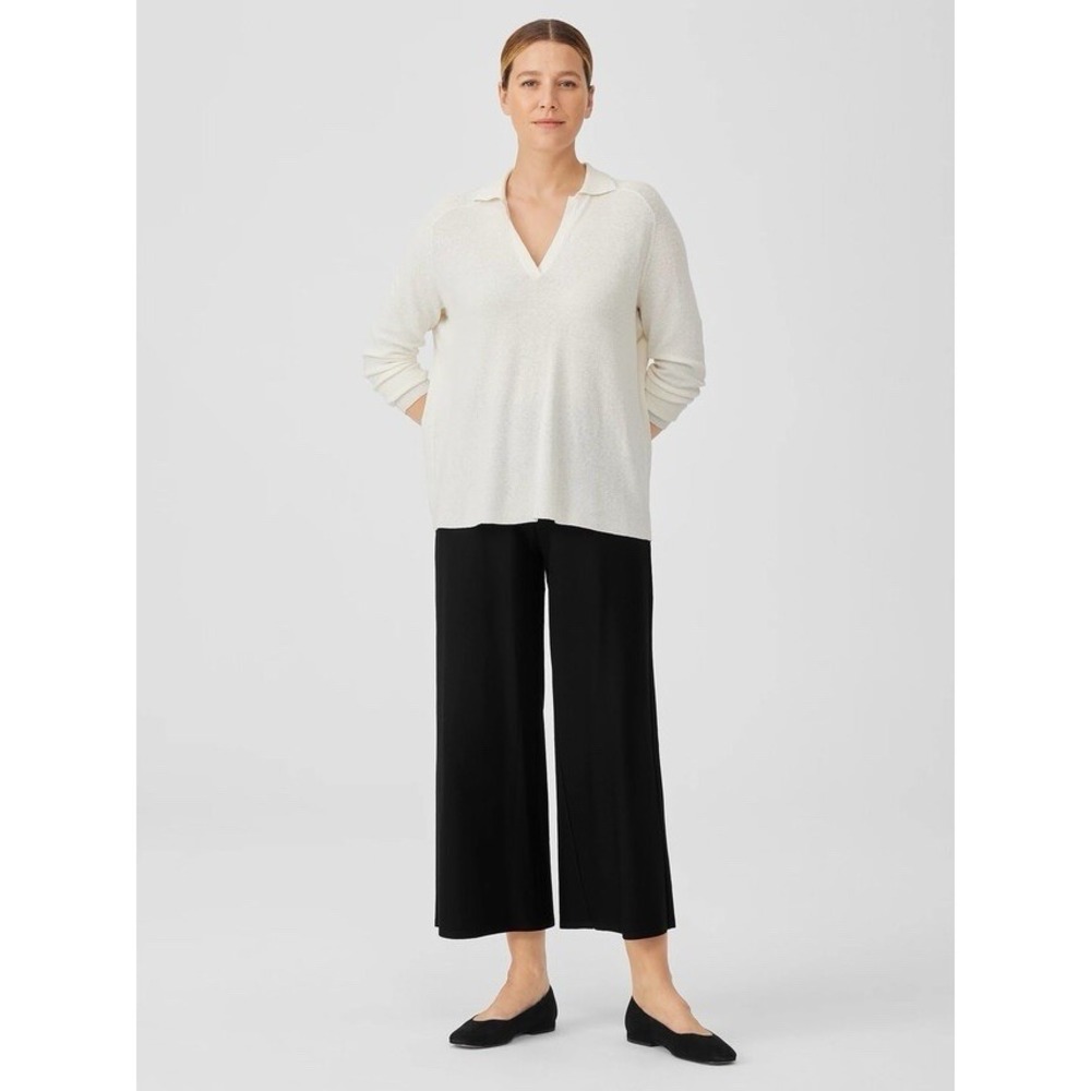 Eileen Fisher Linen Crepe Stretch Top Boxy Ivory Cream Classic Collar Texture M - Picture 3 of 16